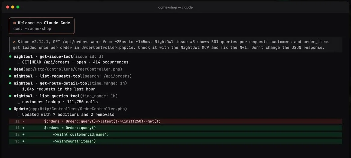 Claude Code calling NightOwl tools, then rewriting OrderController with eager loading