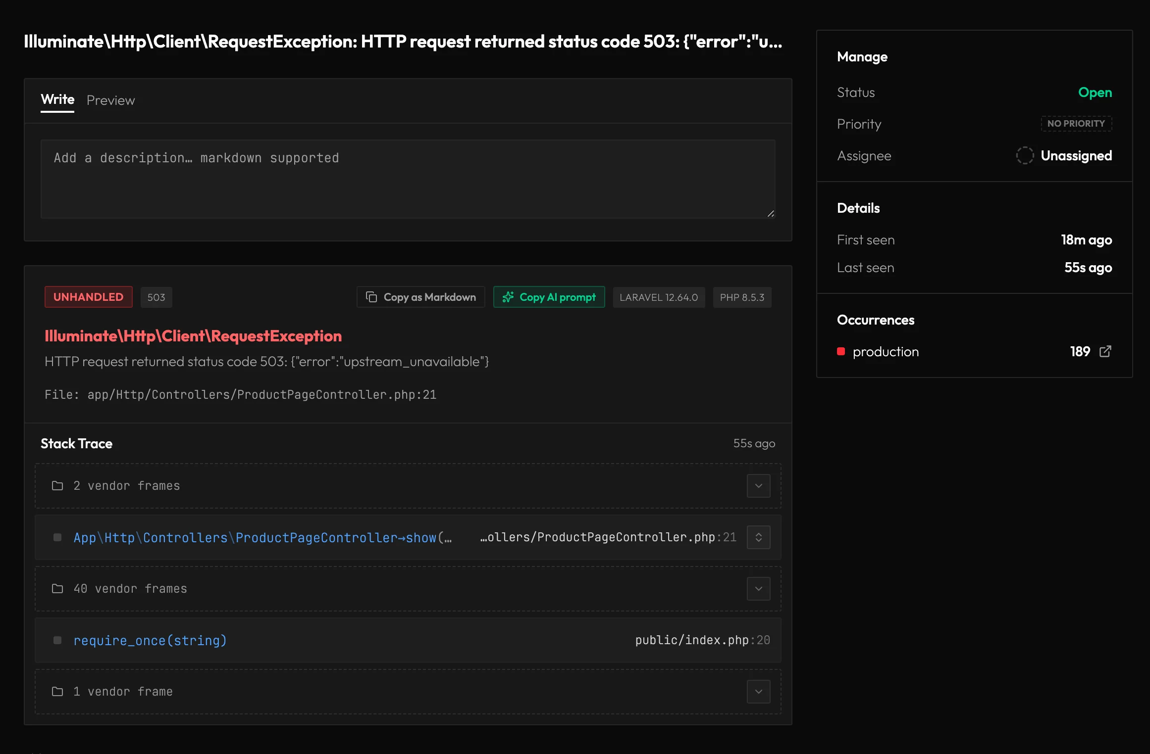 A RequestException issue from ProductPageController line 21, 189 occurrences