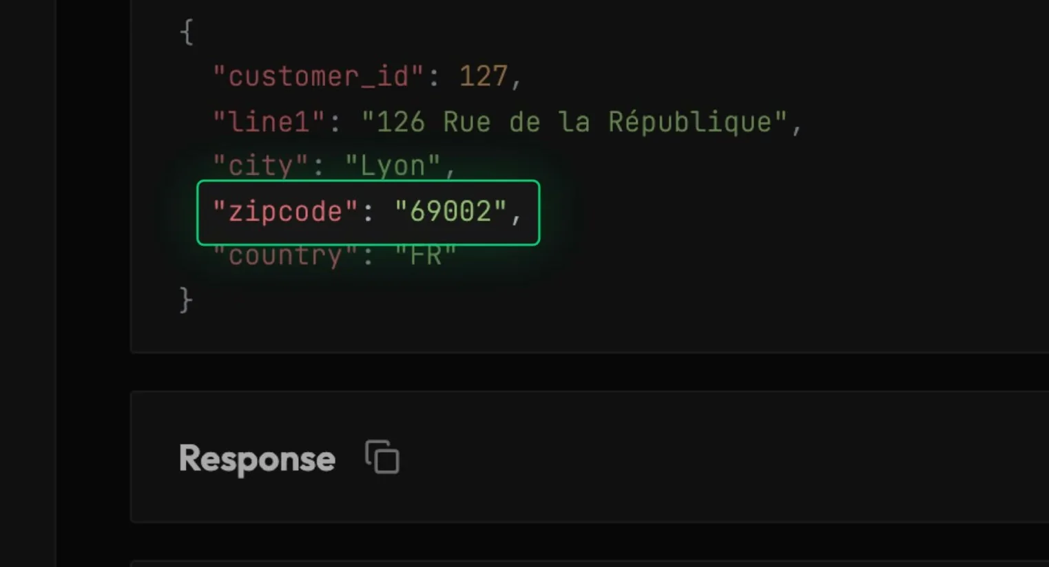 A captured request payload with the zipcode field outlined
