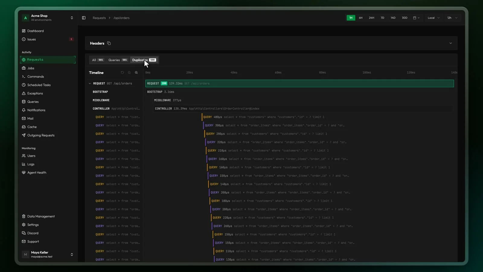 Video frame: a request timeline with 501 queries on GET /api/orders